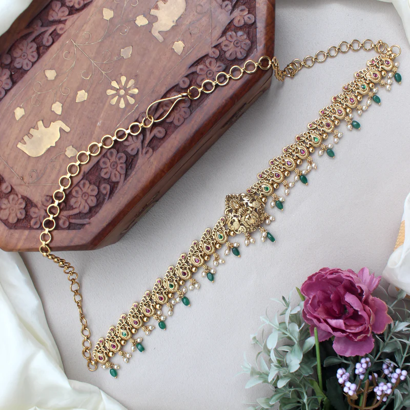 Antique Gold Premium Kemp Lakshmi Mayil Bridal Hip Chain